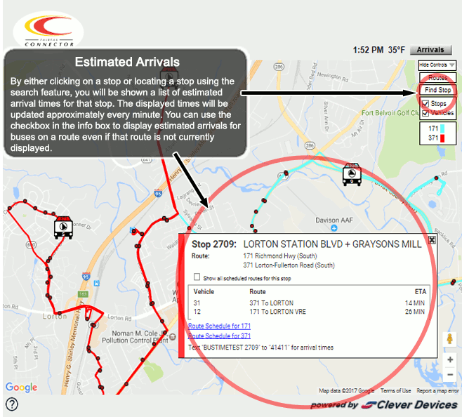 Estimated Arrivals - By either clicking on a stop or locating a stop using the search feature, you will be shown a list of estimated arrival times for that stop.  The displayed times will be updated approximately every minute. You can use the checkbox in the info box to display estimated arrivals for buses on a route even if that route is not currently displayed.